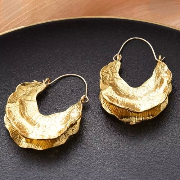 New African Fulani Basket Hoop Earrings 14K Gold Plated Textured Metal Boho - Picture 1 of 12